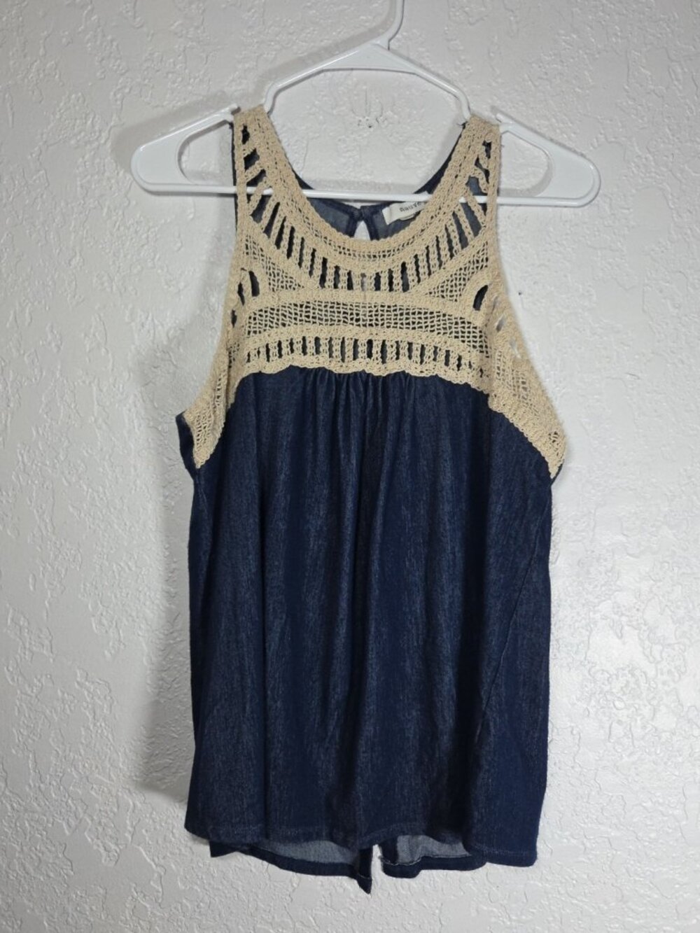 Mauve Tank Top Denim Look Crochet Nckline Size XL